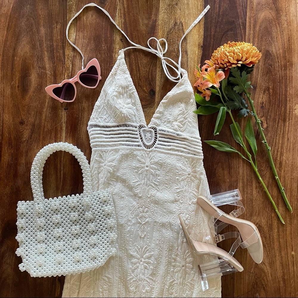 Dolce Vita Maxi White Halter Dress with Embroidery
